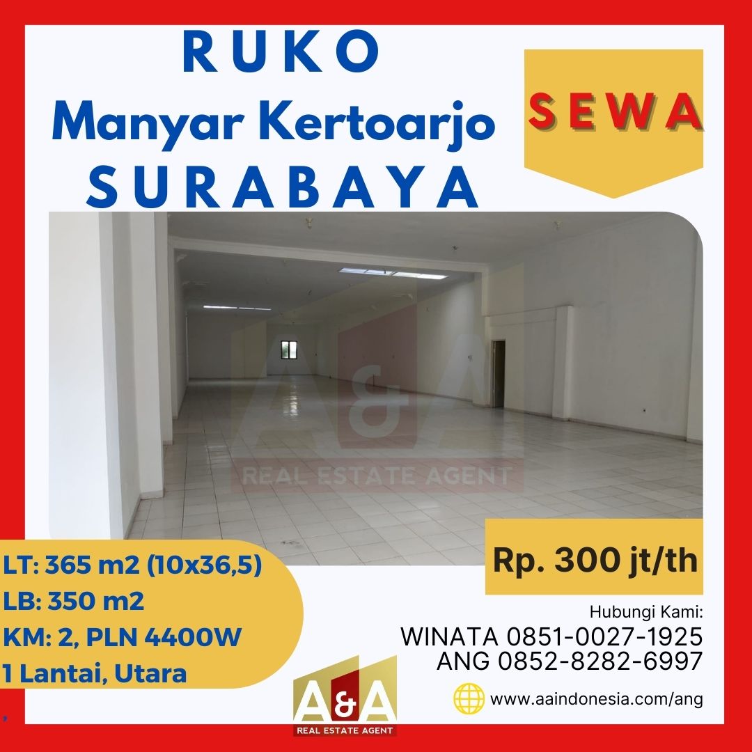 Disewakan Ruko 1 Lantai Loss Strategis di Jalan Manyar Kertoarjo Wilayah Surabaya Timur - Image 1