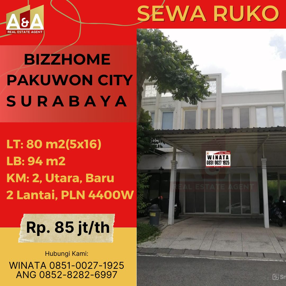 Disewakan Ruko Baru 2 Lantai Murah Strategis Bizzhome Pakuwon City Surabaya - Image 1
