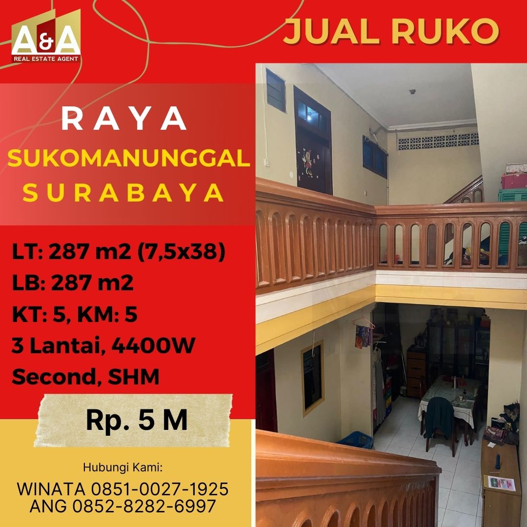 Ruko 3 Lantai Murah Strategis Raya Sukomanunggal Surabaya - Image 1